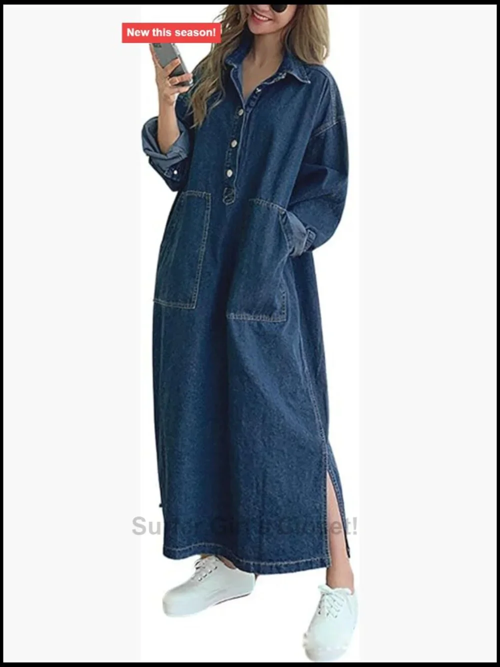 Women's Casual Maxi Denim Dress Long Sleeve Button Down Jean